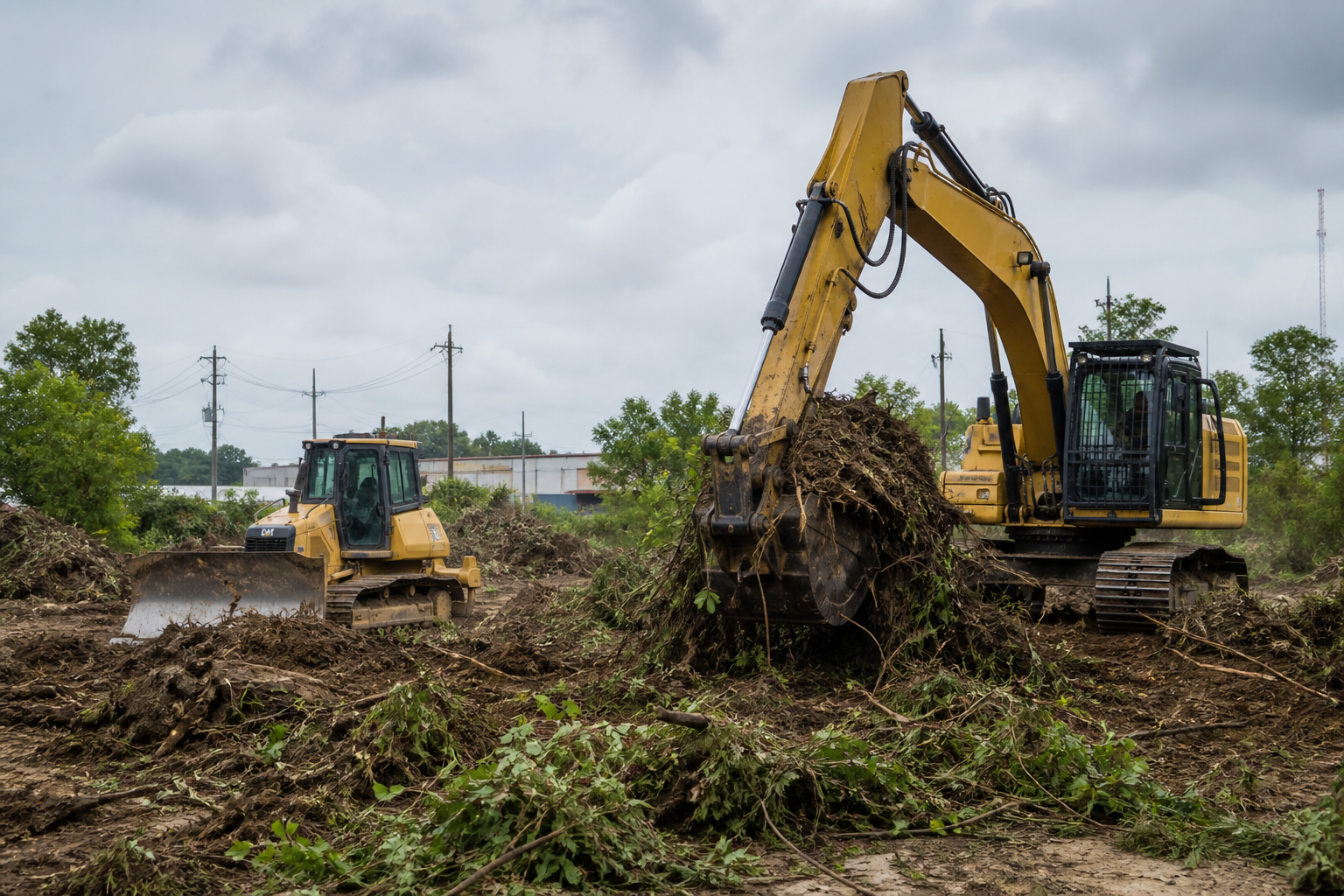 Heavy equipment clearing an overgrown commercial site