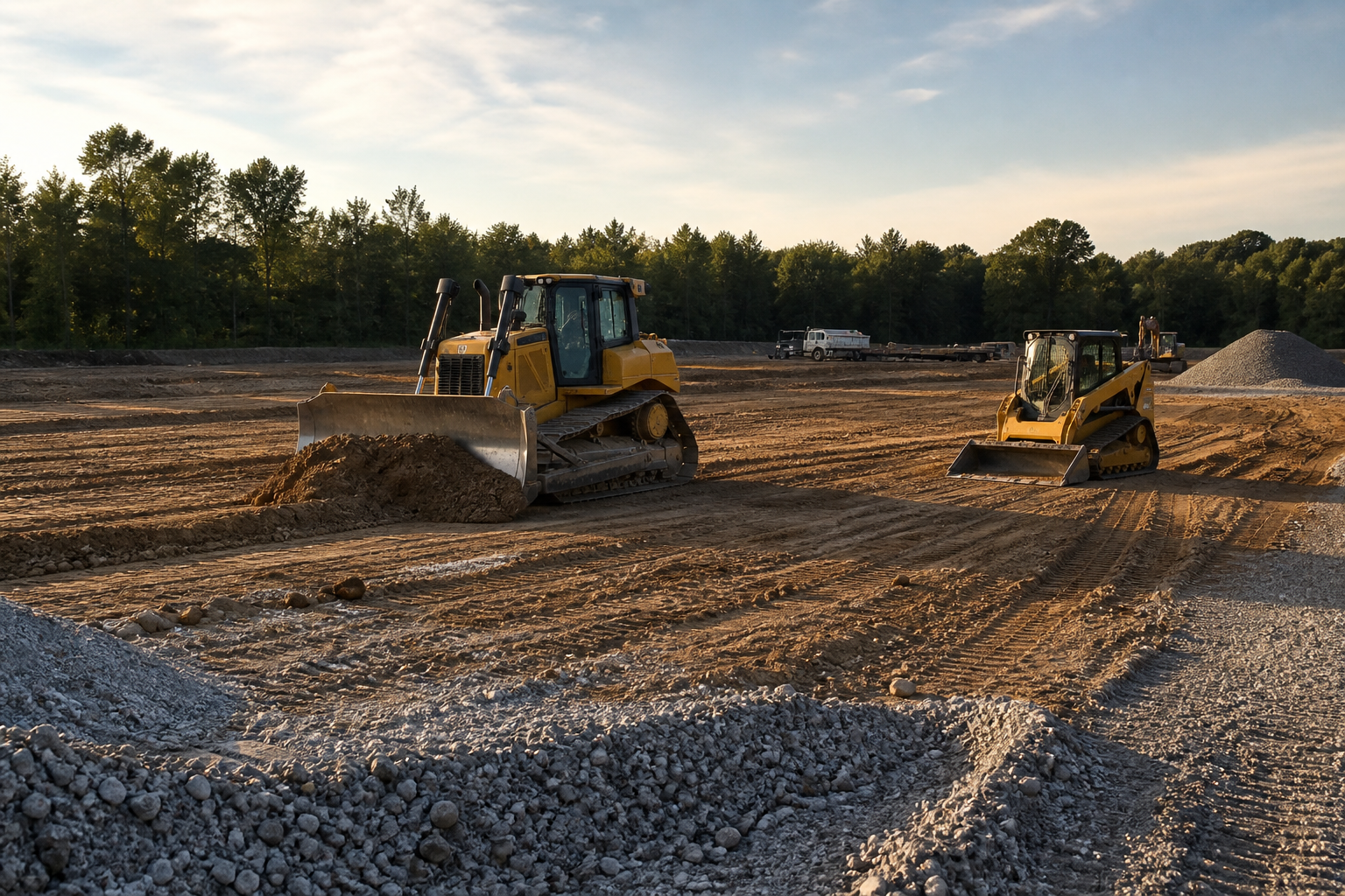 Heavy equipment grading and preparing a commercial pad